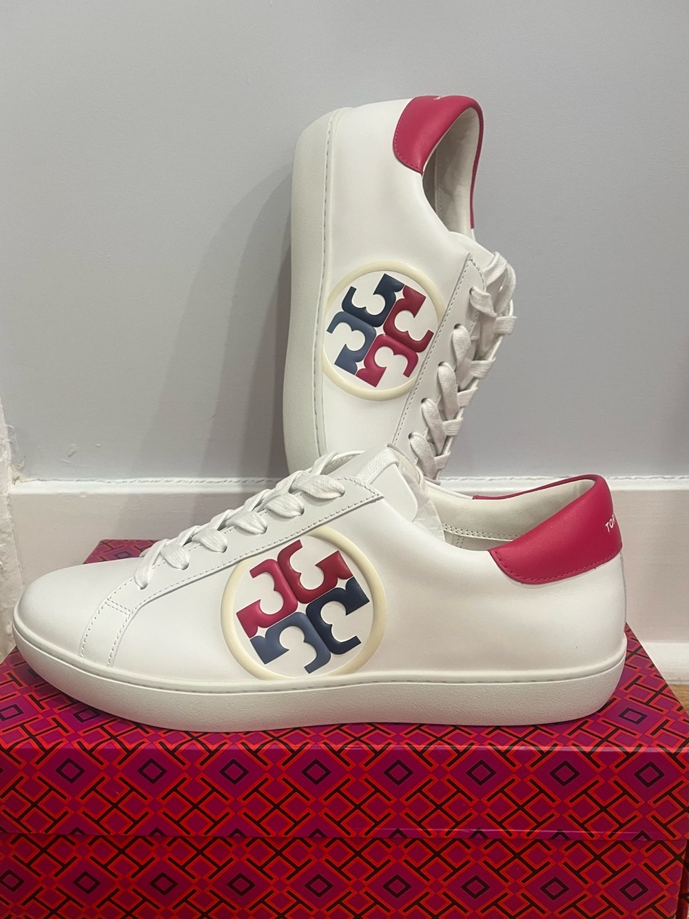 New with Box, Tory Burch Logo Sneaker in Snow White/Bright Azalea, size 10